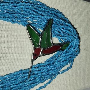 Vintage Stained Glass Hummingbird Brooch